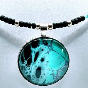 Handmade Beaded Pendant Choker "BLUE NILE" necklace Fluid Art. Black and Seafoam